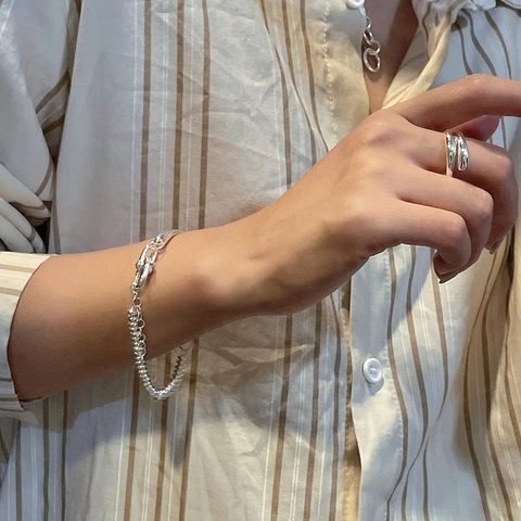 Pulsera De Plata De Ley 925 Con Cuentas De Ábaco Y Cierre En U Diseño De Empalme Simétrico Pulido Vintage Joyería Para Mujer