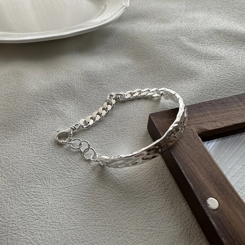 Bracciale Splicing Catena Cubana a Consistenza Martellata in Argento Sterling 925 per Donna Gioielli da Polso Regolabili Vintage