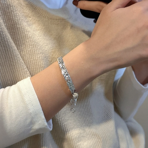 Bracciale Splicing Catena Cubana a Consistenza Martellata in Argento Sterling 925 per Donna Gioielli da Polso Regolabili Vintage