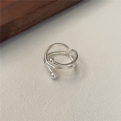 Anillo de Perlas de Doble Capa de Plata de Ley S925 Minimalista Geométrico Ajustable Abierto Estilo Coreano Joyería Retro para Mujer