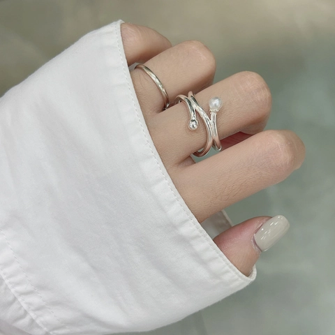 Anillo de Perlas de Doble Capa de Plata de Ley S925 Minimalista Geométrico Ajustable Abierto Estilo Coreano Joyería Retro para Mujer