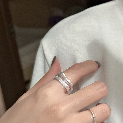 S925 Sterling Silver Double Layer Ring For Women Brushed Textured Liquid Open Adjustable Geometric Wave Finger Ring Korean Minimalist Jewelry