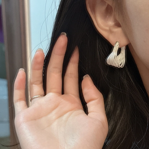 Boucles d'Oreilles Créoles Vintage en Argent Sterling 925 pour Femmes Tissé à la Main Maille Courbée en Forme de C Bijoux