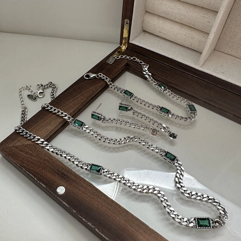 Vintage 925 Sterling Zilveren Ketting Met Smaragdgroene Zirconia Cuban Link Ketting Geometrische Sleutelbeenketting Dames Sieraden