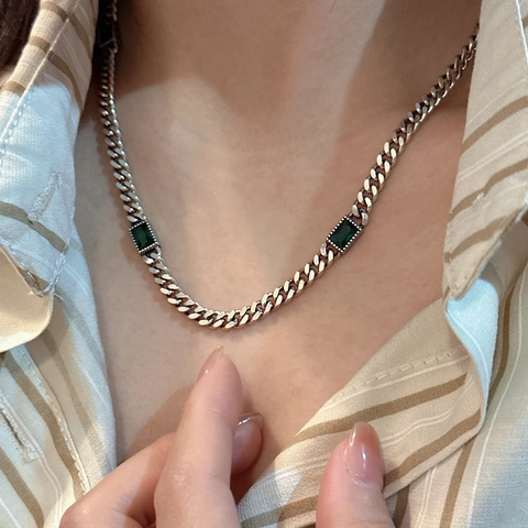 Vintage 925 Sterling Zilveren Ketting Met Smaragdgroene Zirconia Cuban Link Ketting Geometrische Sleutelbeenketting Dames Sieraden
