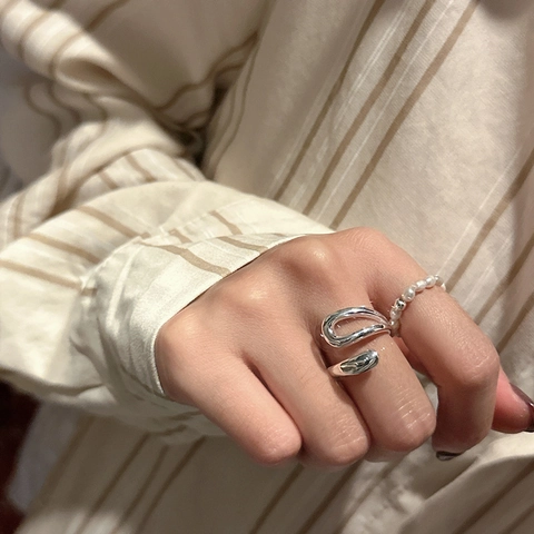 S925 Sterling Silver Open Ring For Women Minimalist Fluid Twisted Design Adjustable Retro Niche High Polished Finger Ring Jewelry