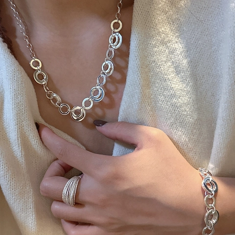 Vintage 925 Sterlingsilber Ineinandergreifende Kreise Halskette Armband Set Minimalistisch Geometrisch Rund Schmuck Damen