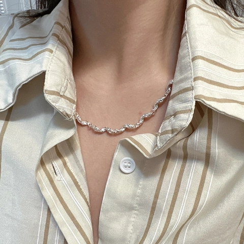 Collar de Plata de Ley 925 Con Textura de Onda Trenzada Para Mujer Minimalista Retro Estilo de Metal Líquido Arrugado Joyería