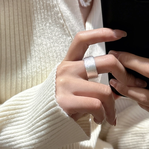 S925 Sterling Silver Wide Band Ring Minimalist Korean Style Brushed Matte Finish Adjustable Open Ring Fashion Jewelry Finger Ring
