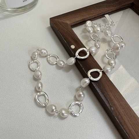 Collana Vintage in Argento Sterling S925 con Perle d'Acqua Dolce Design Geometrico a Cerchio Irregolare per Donna Gioielli