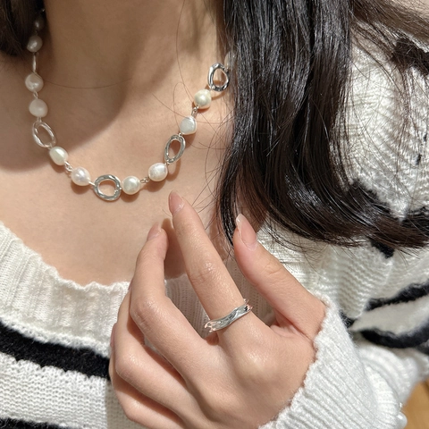Collana Vintage in Argento Sterling S925 con Perle d'Acqua Dolce Design Geometrico a Cerchio Irregolare per Donna Gioielli