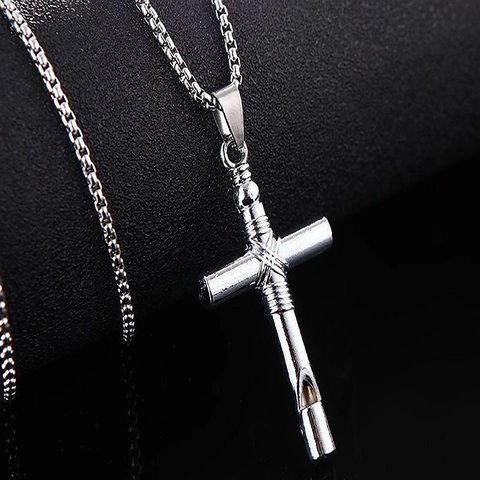 Hip Hop Alloy Cross Whistle Pendant Necklace Silver Color Industrial Style Religious Fashion Jewelry For Men Women