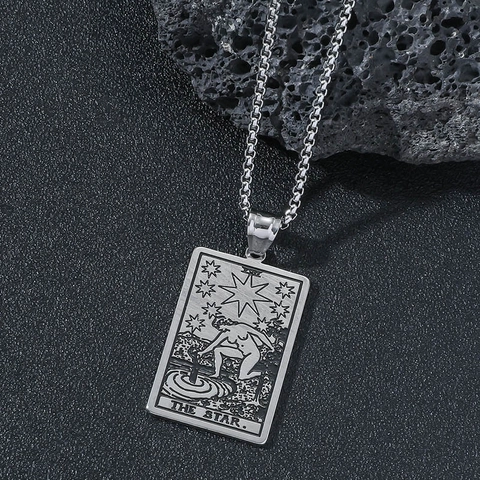Hip Hop Stainless Steel Tarot Card Pendant Necklace For Men Rectangular Sun Star Pattern Mystic Fashion Jewelry Gift