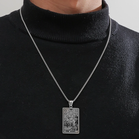 Hip Hop Stainless Steel Tarot Card Pendant Necklace For Men Rectangular Sun Star Pattern Mystic Fashion Jewelry Gift