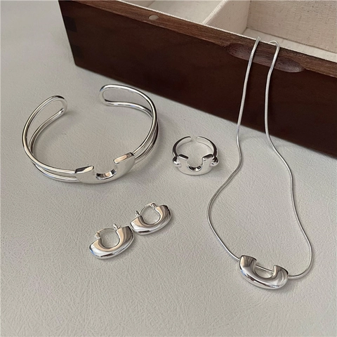 Minimalist 925 Sterling Silver U-Shape Jewelry Set Polished Horseshoe Necklace Bracelet Ring Earrings For Women Jewelry
