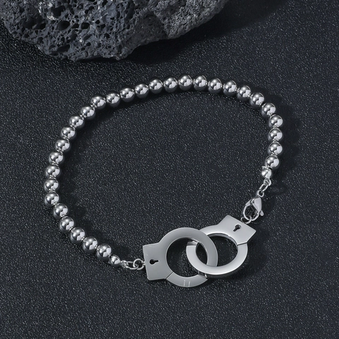 Punk Style Stainless Steel Interlocking Handcuffs Bracelet For Men Women Cool Trendy Metal Bead Chain Lobster Clasp Fashion Jewelry