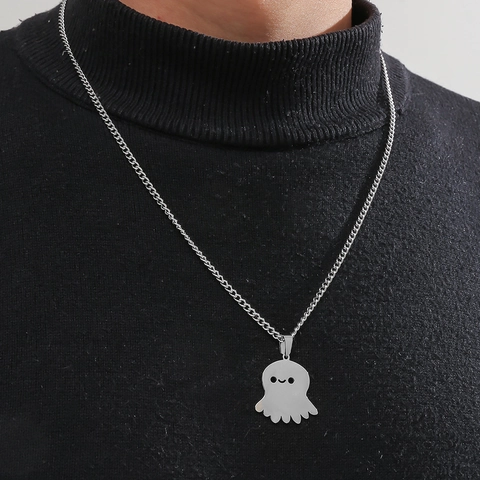 Cartoon Ghost Pendant Necklace For Men Women Stainless Steel Hip Hop Polished Silver Black Jewelry Halloween Gift