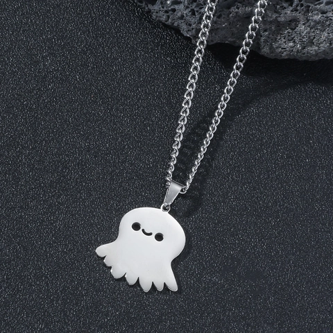 Cartoon Ghost Pendant Necklace For Men Women Stainless Steel Hip Hop Polished Silver Black Jewelry Halloween Gift