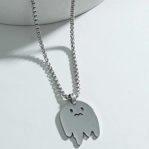 Simpatica Collana con Ciondolo a Forma di Fantasma in Acciaio al Titanio per Uomo Donna Hip Hop Metallo Lucidato Fantasma Gioielli per Halloween