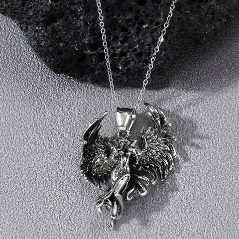 Vintage Alloy Angel Wing Pendant Necklace Gothic Silver Color Electroplated Angel Feather Character Charm Unisex Fashion Jewelry