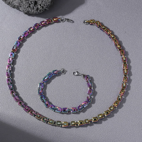Byzantine Stainless Steel Necklace Bracelet Set For Men Women Rainbow Silver Color Hip Hop Geometric Chain Jewelry Gift