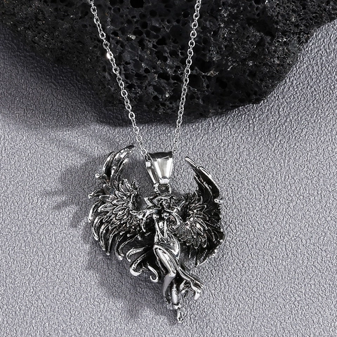 Vintage Alloy Angel Wing Pendant Necklace Gothic Silver Color Electroplated Angel Feather Character Charm Unisex Fashion Jewelry