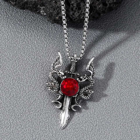 Collar de Colgante de Espada de Doble Dragón Gótico para Hombre Mujer Joyería Punk de Aleación de Plata Vintage con Strass Rojo