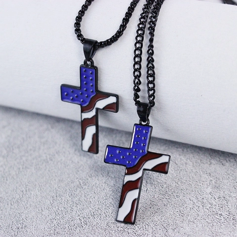 Collana Con Ciondolo a Croce Bandiera Americana USA in Lega Hip Hop Con Catena Nera Per Regalo Giorno Dell'Indipendenza