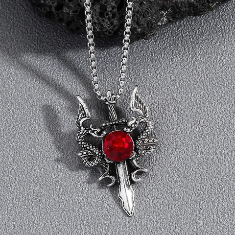 Collana Con Pendente a Croce Spada Doppio Drago Gothic Punk Gioielli Personalizzati In Lega Vintage Strass Per Uomo Donna