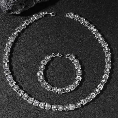 Stainless Steel Byzantine Chain Necklace And Bracelet Set Hip Hop Punk Bold Square Links Multicolor Silver Jewelry For Men Women