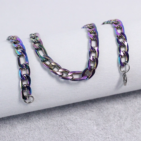 Hip Hop Rainbow Stainless Steel Necklace For Men Women Iridescent Electroplated Figaro Cuban Chain Individual Trend Punk Jewelry