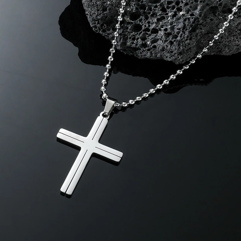 Minimalist Titanium Steel Cross Pendant Necklace For Men Women Polished Steel Color Ball Chain Religious Fashion Jewelry