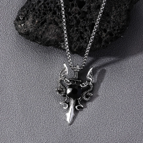 Collana Con Pendente a Croce Spada Doppio Drago Gothic Punk Gioielli Personalizzati In Lega Vintage Strass Per Uomo Donna