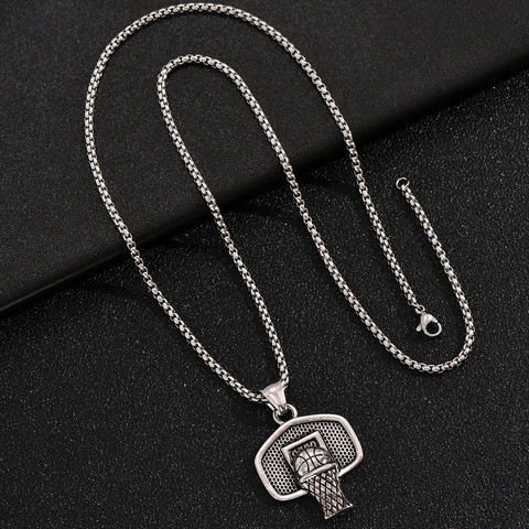 Hip Hop Retro Basketball Hoop Pendant Necklace For Men Unisex Alloy Electroplated Box Chain Sporty Jewelry Antique Color