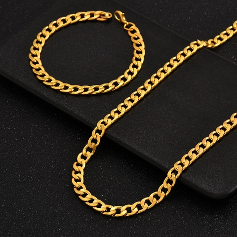 Roestvrijstalen Cubaanse Schakel Ketting Armband Set Voor Heren Dames Goud Zilver Regenboog Hip Hop Sieraden