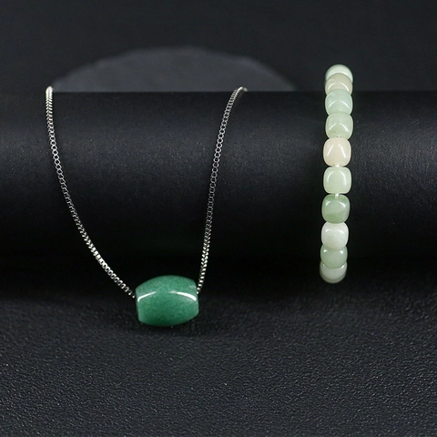 Vintage Chinesischer Stil Grüne Aventurin Stein Anhänger Halskette Armband Schmuck Set Für Damen Silber Box Kette Schmuck