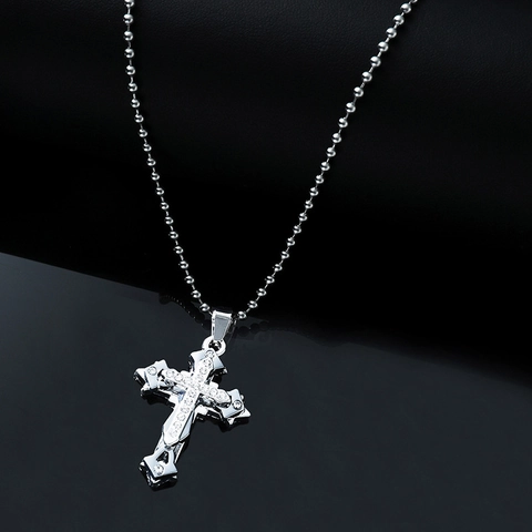 Fashion Alloy Rhinestone Cross Pendant Necklace Gothic Double Layer Ball Chain Unisex Jewelry Religious Accessory Gift