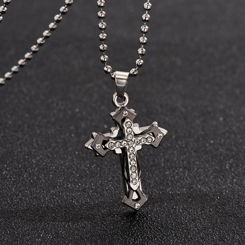 Herren Kreuz Anhänger Halskette Gothisch Legierung Strass Religiöser Schmuck Mit Kugelkette Mode Pulloverkette Halsketten