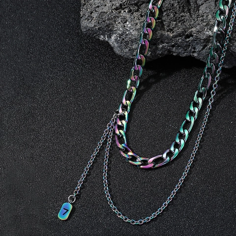 Hip Hop Rainbow Layered Titanium Steel Necklace With Number 7 Pendant Iridescent Double Chain Men Women Trendy Jewelry