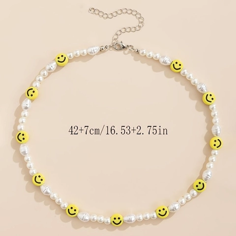 Yellow Smiley Face Artificial Pearl Spliced Necklace For Women Men Cute Clavicle Chain Hip Hop Street Fashion Jewelry Gift