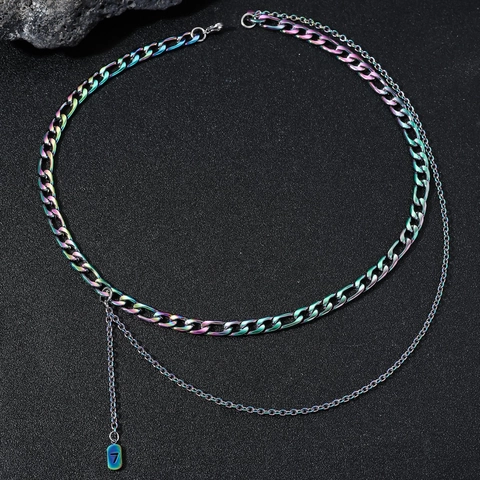 Hip Hop Rainbow Layered Titanium Steel Necklace With Number 7 Pendant Iridescent Double Chain Men Women Trendy Jewelry