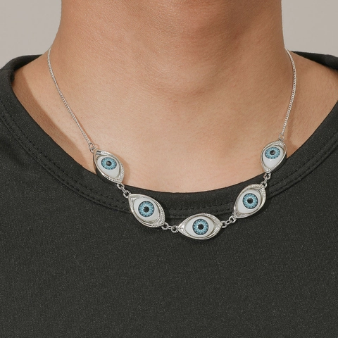 Collana con Ciondolo Malocchio in Lega Retro Hip Hop Uomo Punk Argento Blu Design Occhio del Diavolo Accessorio per Gioielli Unisex