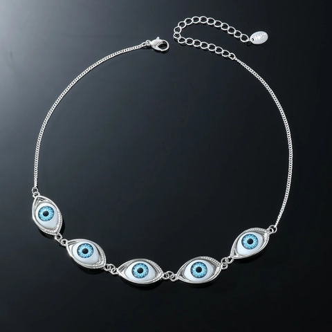 Collana con Ciondolo Malocchio in Lega Retro Hip Hop Uomo Punk Argento Blu Design Occhio del Diavolo Accessorio per Gioielli Unisex