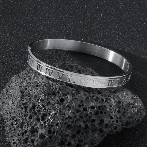 Minimalist Edelstahl Römische Zahlen Armreif Für Damen Herren Unisex Vintage Gebürstetes Metall Verschluss Cuff Armband Schmuck
