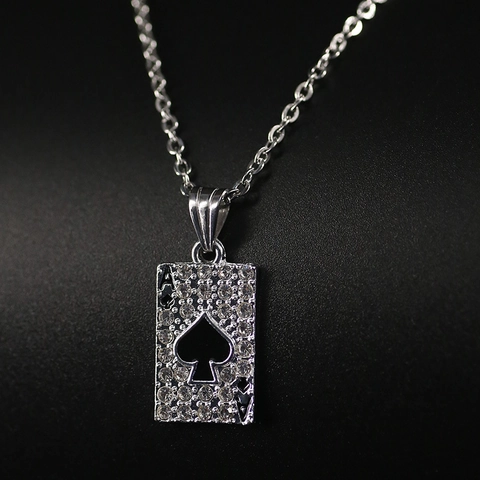 Collana con Ciondolo Asso di Picche Poker Punk Hip Hop Lega Strass Catena Barbazzale per Uomo Donna Gioielli di Moda Personalizzati