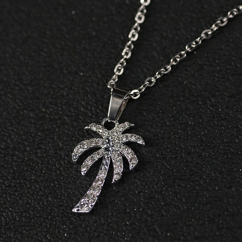 Collar con Colgante de Cocotero Tropical para Hombres Mujeres Aleación de Plata Acero de Titanio Diamantes de Imitación Palmera Estilo Playa Joyería de Moda Collar Regalo