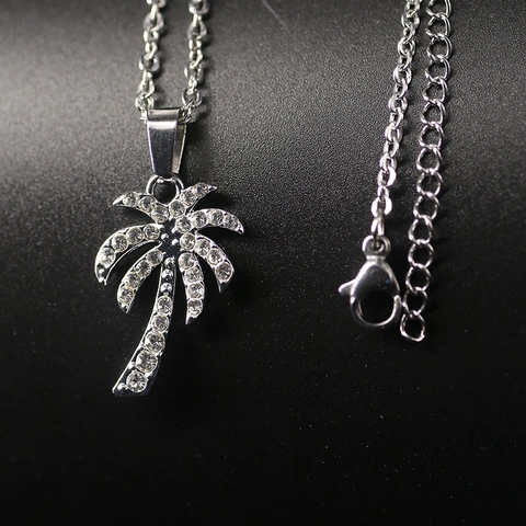 Collar con Colgante de Cocotero Tropical para Hombres Mujeres Aleación de Plata Acero de Titanio Diamantes de Imitación Palmera Estilo Playa Joyería de Moda Collar Regalo