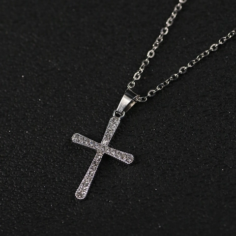 Collana con Pendente a Croce e Stella a Otto Punte Design Semplice per Uomo Donna Lega Strass Pavé Catena da Clavicola Gioielli di Moda