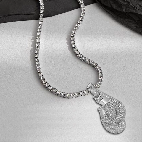 Hip Hop Iced Out Boxhandschuh Anhänger Halskette Mit Tennis Kette Versilbert Legierung Strass Halskette Für Herren Damen Schmuck
