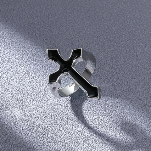 Vintage Gothic Cross Open Ring For Men Women Black Enamel Alloy Adjustable Finger Ring Punk Hip Hop Fashion Jewelry